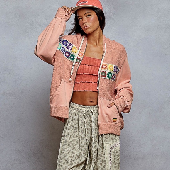 POL Tops - New POL Clothing Women's Crochet Patch French Terry Hoodie Jacket Peach Boho